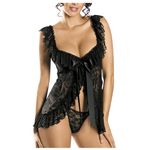 ROSVAJFY Sexy Sheer Lace Babydoll Lingerie Set V-Neck Open Front Mini Nightwear See Through Nightdress Sleepwear Cute Chemise Negligee with G-String for Valentine's Day(Black)