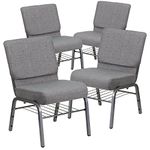 Flash Furniture 4 Pk. Hercules Series 21''W Church Chair in Gray Fabric with Book Rack - Silver Vein Frame