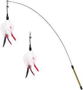 Pawaboo Feather Teaser Cat Toy - Interactive Wand with Extra Long 34.5" Wand and Small Bell, Exerciser Playing Toy for Kittens or Cats, Wine Red & White Feather