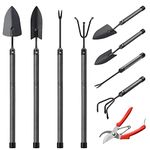 Garden Tool Set, Gardening Hand Tools Kit 10 PCS, Full-Steel Garden Tools for Gardening with Extendable Long Handle, Including Trowel, Rakes, Cultivator, Hoe, Yard Gardening Gifts for Women / Men