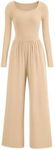 PRETTYGARDEN Women's Fall Fashion One Piece Jumpsuits Dressy Casual Long Sleeve Wide Leg Ribbed Knit Rompers with Pockets (Beige,X-Small)