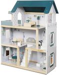 Lil' Jumbl Kids Wooden Dollhouse, 17-Piece Accessories & Furniture are Included, with Balcony & Stairs, 3 Story Easy to Assemble Doll House Toy - Green