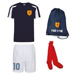 Personalised Scotland Style Kit French Navy Football Shirt, White Shorts, Bag and Socks for Boys and Girls Best Birthday Gift for Children Kids Playwear (7-8 Years)