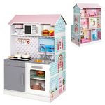 Costzon 2 in 1 Kids Kitchen Playset and Dollhouse, Wooden Double-Sided Pretend Chef Play Set w/Cookware, 3.25 FT High Doll House w/Living Room Bedroom Furniture, Gift for Toddlers Girls Ages 3+