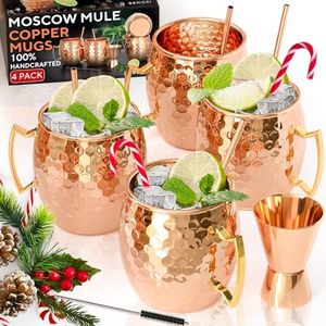 Benicci Moscow Mule Copper Mugs - Set of 4-100% HANDCRAFTED - Food Safe Pure Solid Copper Mugs - 16 oz Christmas Gift Set with Premium Quality Cocktail Copper Straws and Jigger!