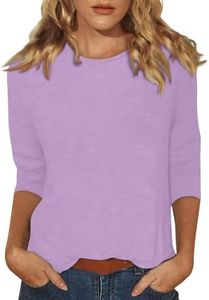 Cotton Womens Tops Three Quarter Sleeve Tops Woman Crewneck Cute Shirts Casual Trendy Print Blouses Length T Shirt 2024 Xx-Large 01-Light Purple