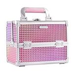 Joligrace Makeup Box Vanity Case Cosmetic Organiser Box Beauty Storage Train Case with Mirror, Lockable with Keys, Holographic Pink