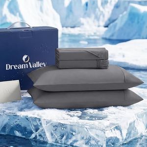 Dream Valley® Cooling Sheets King Size, Cooling Fitted Breathable Bed Sheets & Flat Sheet with 2 Pillowcases-4 PCS for Night Sweats & Hot Sleepers, Q-Max >0.45 Aerocool, Deep Pocket 16",Gunmetal