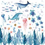 Whaline 143 Pieces Ocean Wall Decals Watercolor Under The Sea Wild Life Animals Wall Stickers Waterproof Peel and Stick Removable Murals for DIY Nursery Bedroom Living Room Bathroom Wall Art Decor