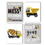 HPNIUB Construction Truck Picture Cartoon Construction Transport Vehicle Art Print Set of 4 (10”X8”Canvas Funny&Inspirational Words Poster Painting For Nursery or Kid Boy Room Home Decor ,No Frame