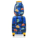 Maxmass 2PCS Kids Luggage Set, 18" Hard Shell Children Suitcase with 12’’ Backpack, Girls Boys Trolley Case for School Travel (Car, Blue)