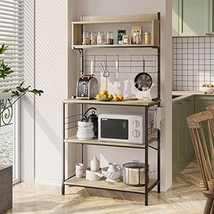 Bestier Kitchen Baker's Rack Coffee Station Microwave Oven Stand Kitchen Shelf with Hutch 8 Side Hooks Free Standing Utility Storage Shelf for Kitchen Dining Room Living Room D12