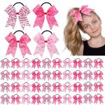 XunYee 24 Pcs 4 Inches Breast Cancer Awareness Cheerleader Bow Large Hair Bow Pink Hair Ribbon Breast Cancer Awareness Cheer Hair Band for Breast Cancer Month with Ponytail Holder for Women Girl Game