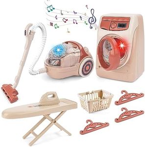 deAO Toy Washing Machine & Vacuum Playset for Kids, Mini Washing Machine Laundry Set for Kids, Toy Washer & Vacuum with Lights & Sounds Effects, Washer and Iron Set Kids Cleaning Set for Boys & Girls