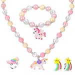 Dacitiery 5Pcs Unicorn Necklace Bracelet Set, Girls Rainbow Unicorn Neckace Bracelet With Rainbow Earrings and Rings, Great Jewelry Party Favor for Kids Pretend and Dress Up