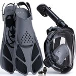 Snorkel Set Adults Full Face Snorkel Mask with Flippers, Snorkeling Mask & Swim Fins, Panoramic View Snorkel Mask Fins Anti-Fog Anti-Leak Foldable Design with Carrying Bag