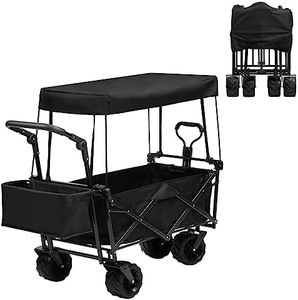 DOEWORKS Festival Trolley Cart on Wheels,Folding 100KG Collapsible Wagon with Top Cover,Cup Holders,Adjustable Handle and Insulation Bag, for Camping Garden Beach Shopping Transport Outdoor, Black