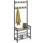 Ballucci Entryway Coat Rack with Shoe Bench, 3-in-1 Hall Tree and Shoe Rack Storage Shelf Organizer, Black Steel Frame with 9 Adjustable Metal Hooks, Rustic Grey