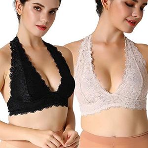 Floral Lace Halter Bra Bralette Top Hook and Eye Closure Back Unpadded Wirefree Lace Bra, Black+nude, X-Large