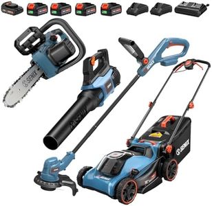SENIX X2 40V 15-inch Cordless Lawn Mower | X2 20V String Trimmer, Leaf Blower, and Chainsaw [4-Piece Set], Includes 2.5Ah, (4) 4.0Ah Batteries, and (3) Chargers
