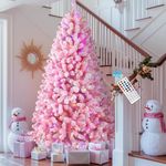 SHareconn 5ft Prelit Snow Flocked Artificial Holiday Christmas Tree with Remote (Upgraded), 250 Pre-Lit Multi-Color RGB Lights, Full Snow Branch Tips for Home, Office, Party Decoration, 5 FT, Pink