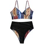 ZAFUL Women's Reversible Boho Whip Stitch Two Piece Tankini Bikini with High Waisted Bathing Suits(Multi-B S)