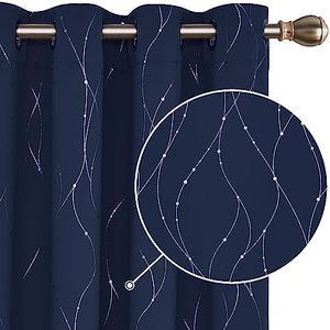 Deconovo Set of 2 Children's Blackout Curtains, Thermal Insulation, Anti-Cold, Silver Dot Design with Eyelets for Children's Room, 117 x 183 cm, Navy Blue