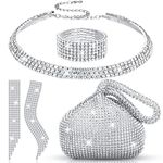 Silver Bling Clutch Purse Rhinestone Jewelry Set 4 Pieces Crystal Dangle Fringe Earrings Bridal Wedding Choker Necklace Bracelet and Evening Clutch Bag for Women(Cute Style)