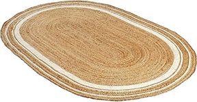 Ripaz Vogue Jute Rug Natural Jute Hand Braided Oval Shape Area Rug Hallway Rug Living Room Rug (60 x 90 cm (2x3 Feet), Beige + White Line)