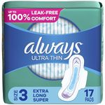 Always, Ultra Thin Pads For Women, Size 3, Extra Heavy Absorbency With Wings, 17 Count