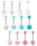 VCMART 14g 14mm Belly Button Ring Surgical Steel Belly Button Rings Silver Pink Green Belly Rings for Women Navel Rings Piercing Jewelry Long Bar Belly Button Piercing Jewelry