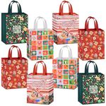 AhfuLife Small Christmas Bags for Gift, 8pcs Xmas Gift Tote Bags with Handles, Reusable Multipack Non-woven Christmas Treat Shopping Bags for Children, Xmas Party Favor Bag Decorations, 26 x 21 x 12cm