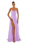 Strapless Satin Prom Dresses for Women Ruched Long Bridesmaid Dresses Formal Gowns with Slit, Lilac, 12