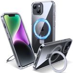 Flyzoo Magnetic Kickstand Case for iPhone 13/14, [Compatible with MagSafe & Invisible Ring Stand Holder] [Non-Yellowing & Shockproof] Clear Transparent Hard Silicone Edge Cover, 6.1'', Clear