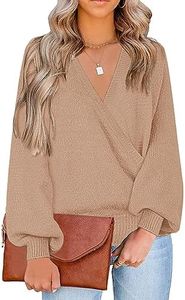 LookbookStore Fall Cute Sweaters for Women Winter Knit Sweaters Khaki Old Money Aesthetic Clothing Women Trendy Wrap Surplice V Neck Sweater Long Sleeve Pullover Sweater Top Size L Size 12 14