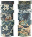 KAVI' S 12 Rolls Kyoto Charm Washi Tape Set Japanese Arts Adhesive Tapes Geometric Garden Decorative Masking Tape Sets for Craft, Kids, Scrapbook, DIY, Gift Wrapping (Azure Tranquility)