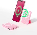 Wireless Magsafe Portable Power Bank 10000 mAh, Magnetic Charger, Foldable Kickstand with LED Display, Battery Pack for Mobile iPhone 12, 13, 14, 15 (Pastel Pink)