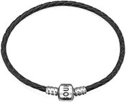 SOUKISS Genuine Black Leather Woven Bracelet with 925 Sterling Silver Barrel Snap Clasp Bead Bracelet for Charms (20 cm-7.9 inches)