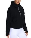 THE GYM PEOPLE Women's Half Zip Hoodies Long Sleeve Fleece Lined Crop Pullover Sweatshirts with Pockets Thumb Hole Black