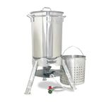 Bayou Classic Stainless Steel Boiler Cooker Kit Features 44-qt Stainless Boiler with Lid, Steam/Boil Basket, 4-in Cast Aluminum 58,000 BTU Burner, 10-psi Pre-Set Regulator and 48-in Hose