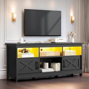 DWVO Farmhouse TV Stand for 65 Inch TV, Entertainment Centre with Power Outlet and LED Light, TV Console for Living Room, Media Console Television Stands, 59" Black