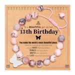 13th Year Old Girl Birthday Gift, Butterfly Pink Natural Stone Bracelet for Girls Daughter Granddaughter Niece Teens Girls