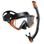 Snorkel Set Pano 3 Adult Snorkeling Gear, Professional Anti-Fog Snorkel Mask Dry Top Snorkel, Tempered Glass Scuba Diving Mask for Freediving, Snorkeling and Swimming(Orange Black Set)