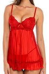 Rene Rofe Push Up Babydoll - Sexy Lingerie Chemise Babydoll withUnderwire Support and matching G-String Panty, Red, 2X