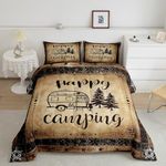 Erosebridal Happy Camping Bedding Sets King Western Camper Accessories Comforter Set for Rv Bunk,Travel Trailers Quilt Duvet Comforter for Teen Boys Adults Men Rustic Farmhouse Quilt Set