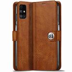 TheGiftKart Genuine Leather Finish Button Flip Cover Back Case with Inbuilt Stand & Inside Pockets for Samsung Galaxy M31s (Camel Brown)