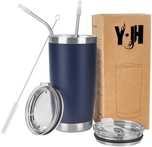 Y·JH 20oz (550ml) Bicchiere da viaggio Tazza da caffè a doppia parete isolata sottovuoto Tazza da caffè in acciaio inossidabile con 2 coperchi antispruzzo, 2 cannucce, senza BPA - Blu navy