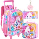 4PCS Rolling Backpack for Girls,Kids Unicorn Bookbag with Roller Wheels, Suitcase School Bag Set for Toddler Elementary - Pink