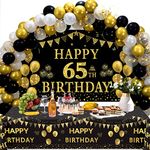 Trgowaul 65th Birthday Decorations Men Women - Black Gold Happy 65th Birthday Backdrop Banner, 2 Pcs Birthday Tablecloth, 60 Pcs Latex Confetti Balloons, 65 Years Old Bday Party Supplies Gifts Ideas