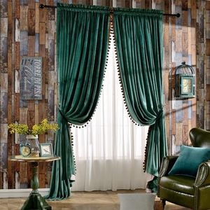 Melodieux Luxury Pom Poms Velvet Curtains for Living Room Bedroom, Vintage Light Blocking Rod Pocket Home Office Window Decor Drapes, 52" W x 96" L, Antique Green (2 Panels)